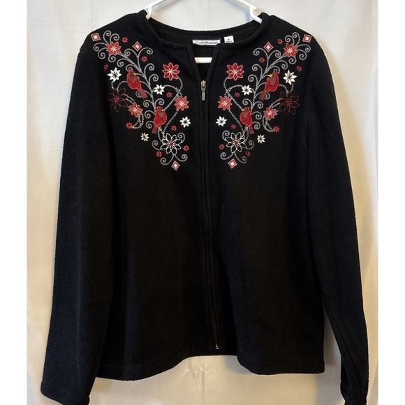 croft & barrow Sweaters - Women's Black Fleece Zip Up Sweater Cardigan Embroidered Cardinals CottageCore M